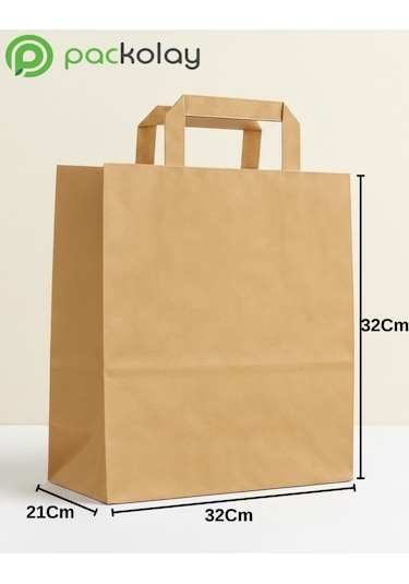 Flat Saplı Kraft Kağıt Çanta 32x21x32 Cm Doğal Kahverengi, Dayanıklı, Baskısız Çanta-10 Adet