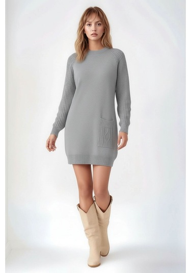 Kadın Kolları Uzun Kendinden Dokulu Bisiklet Yaka Tunik Boy Şık Kışlık Triko Büyük Beden Kazak Gri