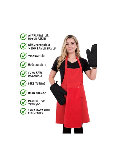 Star Ayar Askılı Havlulu 4lü Mutfak Önlüğü Seti 2 Eldiven Kırmızı-kırmızı-siyah