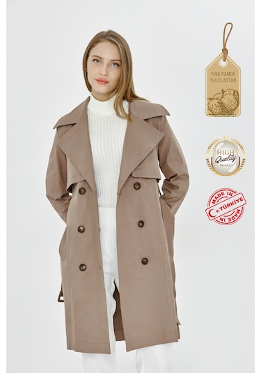 Pastelastore Esnek Pamuk Gabardin Midi 95cm Astarsız Kadın Trençkot 1118 Vizon