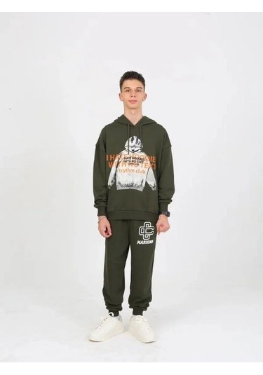 Erkek Çocuk Kapüşonlu Not Hoodies Yazılı Sweatshirt-15230 Haki