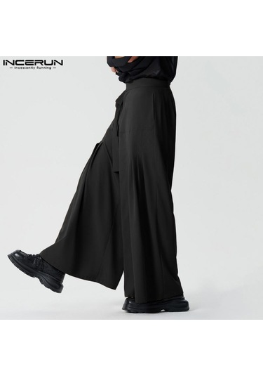 Incerun Erkek Yüksek Bel Bağcıklı Geniş Paça Pantolon Rahat Pileli Resmi Pantolon Gri