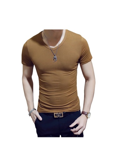 Snapbuymoda Erkek Yazlık Kısa Kollu V Yaka Polyester Tişörtkahverengierkek Kahverengi