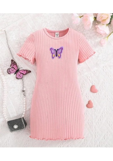 Kelebek Detaylı Fitilli Kız Çocuk Elbise Bej