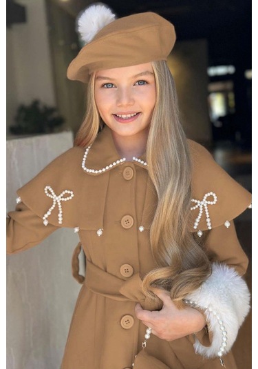 Riccotarz Kız Çocuk Boydan Yakası İnci Taş İşlemeli Şal Detaylı Kemerli Bej Kaşe Bej