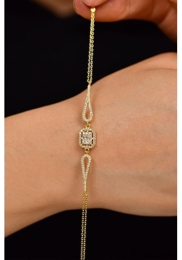 Roza Silver Zirkon Taşlı Gold 3 Sıra Baget Gümüş Bileklik
