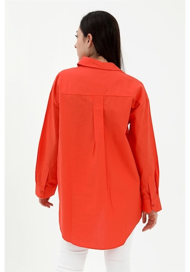 Tek Cepli Kolları Katlı Oversize Kalın Keten Gömlek - Turuncu-turuncu Turuncu