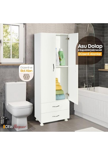 Çok Amaçlı Banyo Dolabı - 2 Kapaklı , 2 Çekmekceli Dolap Beyaz