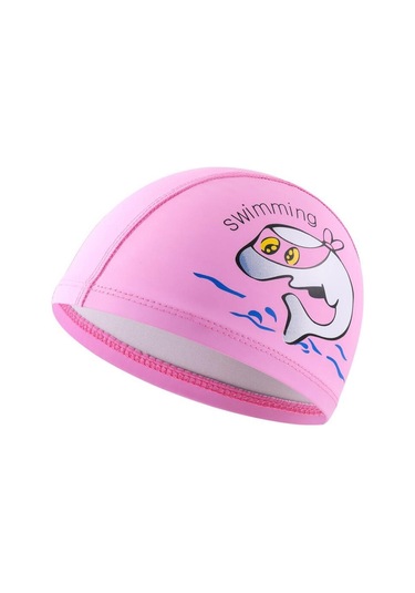 Çocuk Yüzme Şapkası Pu Baskılı Sevimli Yunus Desenli Elastik Yüzme Şapkası Pembe