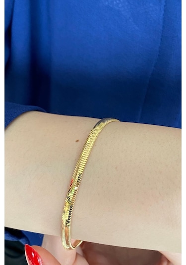 Zümrüt Sarraf 14 Ayar Yeşil Altın Kadın Tondo Ezme Zincir Bilekli Sarı Altın