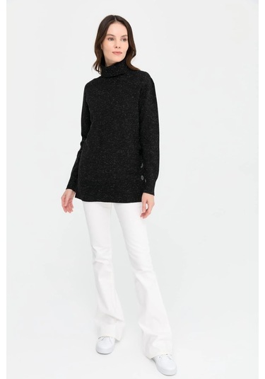 Desen Triko Kadın Tam Balıkçı Yaka Dikişsiz Kazak 23391 Siyah Siyah
