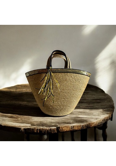 Hasır Çanta, Plaj Çantası, Tasarım Çanta, Siyah Gold Şeritli El Çantası Haki - Siyah