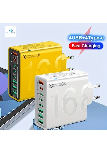 Xuweiwei Kaxoe 8in 1 Hızlı Şarj Siyah Usb Adaptör 4 Usb 4 Type C Telefon Şarj Aleti Qc 3 0 İphone Uyumlu Samsung İçin Siyah