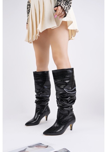 Muggo Rumba Sivri Burun Kırışık Kroko Desenli İnce Topuklu Kadın Çizme siyah