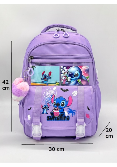 Stitch Desen Aksesuarlı Kore Tarzı Termal Beslenmeli Ve Kalemlikli Kız Çocuk Okul Sırt Çantası Seti Lila