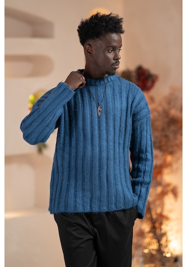 Oversize Kendinden Çizgili Pamuklu Kalın Triko Spor Kazak Indigo