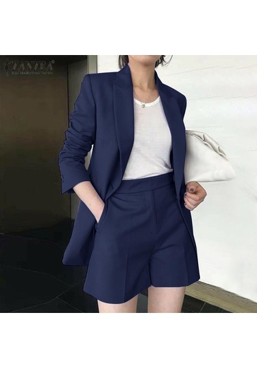 Zanzea İş Kıyafetleri Kadın Hırka Ve Şort Günlük İki Parçalı Takım Elbise Lacivert