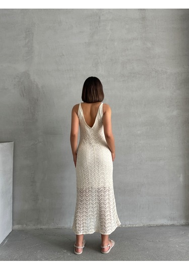 Kadın Çizgili Askılı Ajurlu Yazlık Triko Elbise Krem
