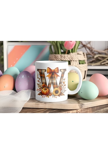 W Harfi Ekose Ve Sonbahar Temalı Kupa Bardak - Kişiye Özel Sıcak Tonlar Alfabe Kupa - Hediye Beyaz