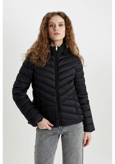 Defacto Su İtici Hafif Şişme Mont Kapüşonlu Kapitoneli Fermuarlı Cepli Basic Düz Mevsimlik B2030AX24AUBK27 Siyah