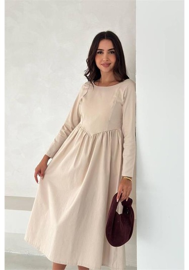 Neşeli Butik Kadın Sırt Dekolteli Uzun Kollu Midi Elbise Nbk4311 Bej