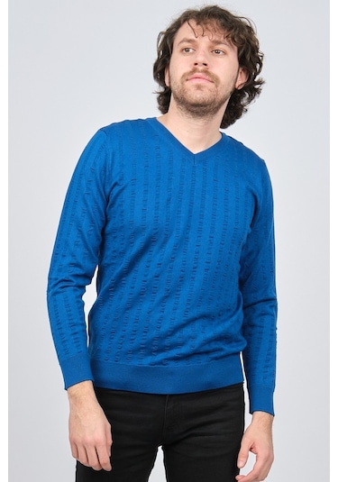 Desen Triko Erkek V Yaka Yün Kazak 0249626 Saks Saks Mavi Saks