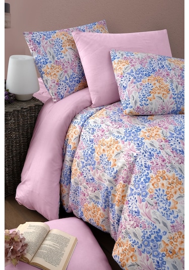 Mystory Home  Lastikli Çarşaflı Çift Kişilik Nevresim Takımı Colore Mavi - Pembe - Turuncu
