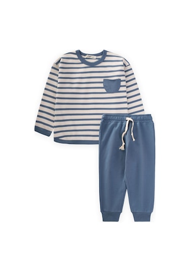 Cigit Çizgili Sweatshirt Takım 1-7 Yaş İndigo Mavi İndigo