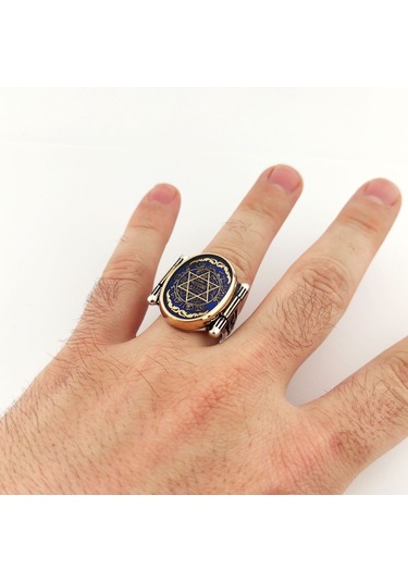 925 Ayar Gümüş Mavi Mineli Motifli Mührü Süleyman Erkek Yüzük Silver