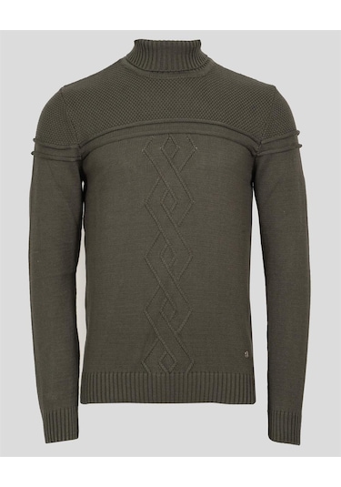 Erkek Tam Boğazlı Örgü Desenli Slim Fit Kazak Ncs Jeans 3659-Haki