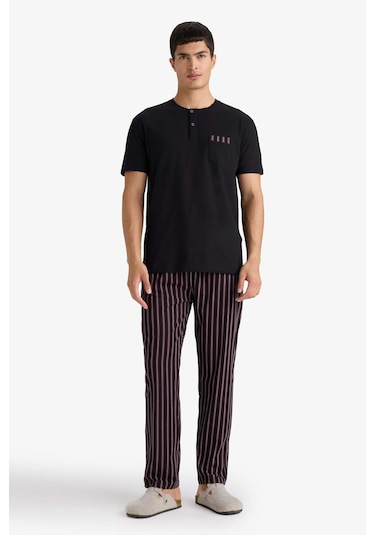 Defacto Pijama Takımı Regular Fit Kısa Kollu Üst Çizgili Uzun Alt F4884ax25aubk81 Siyah