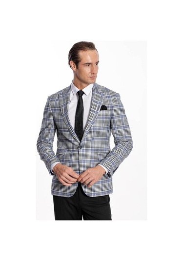 Wessi Ekose Desenli Slim Fit Siyah Mavi Erkek Ceket - Wessi Mavi - Siyah