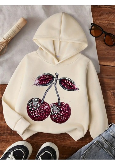 Kışlık Kapüşonlu Sweatshirt, Çocuk Pırlanta Kiraz Baskılı Bej
