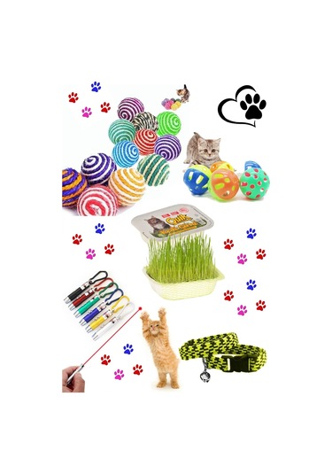 Pet Ip Sarma Topu ,lazer Kedi Oyuncağı ,çıngıraklı Top , Elastik Tasma Ve Kedi Çimi Seti