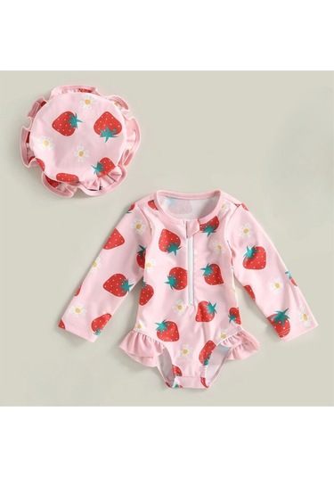 Pembe Çilek Desenli Kolay Giydirilebilir Şirin Şapkalı Mayo Seti Pembe