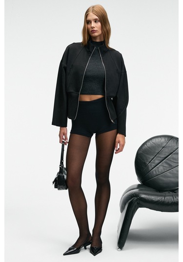 VIVETY Kadın Dik Yakalı Metal Fermuarlı Korse Görünümlü Bele Oturan Regular Siyah Ceket