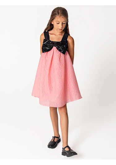 Sheshe Payet Fiyonk Detaylı Pembe Jakar Kız Çocuk Elbise Renkli