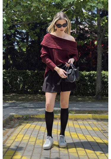 Lela Oversize Fit Madonna Yaka Triko Bayan Kazak 4615216 Bordo