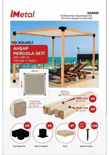 Sarar Tek Bölümlü Pergola Seti 90 x 90 MM Ahşap ve Tente Dahil