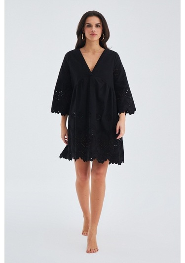 Peraluna Hiromi Dress %100 Pamuk 3/4 Kol Diz Hizası Yazlık Kadın Siyah