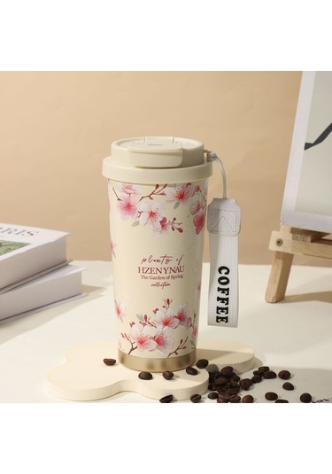Net Kırmızı Yüksek Değerli Erkekler Ve Kadınlar Soğuk Kahve Fincanı Açık Araba Paslanmaz Çelik Çift İçecek Termos Fincan Hediye Çift İçecek Kahve Fincanı 500ml Şeftali Çiçeği 5d El Sanatları