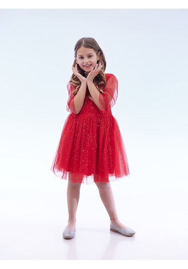 Ahengim Kız Çocuk Yıldız Baskılı Trend Tül Elbise Ak2246 Kırmızı