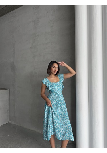 Kadın Çiçek Desenli Fırfır Detaylı Yazlık Dokuma Elbise Turkuaz