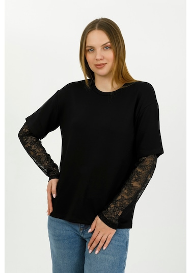 Hdm Kadın Siyah Kolu Dantelli Oversize Bisiklet Yaka Tişört - H6060