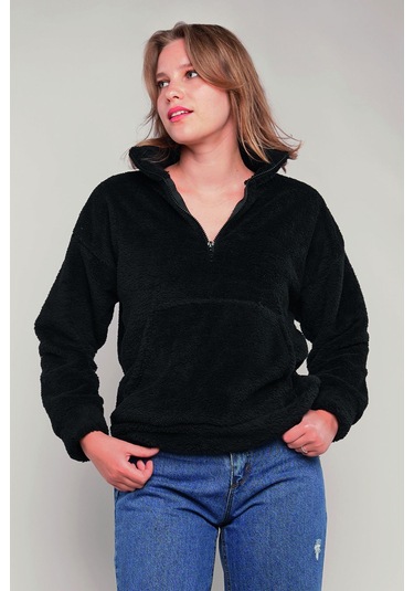 Gabria Kanguru Cepli Yarım Fermuarlı Peluş Sweat Siyah