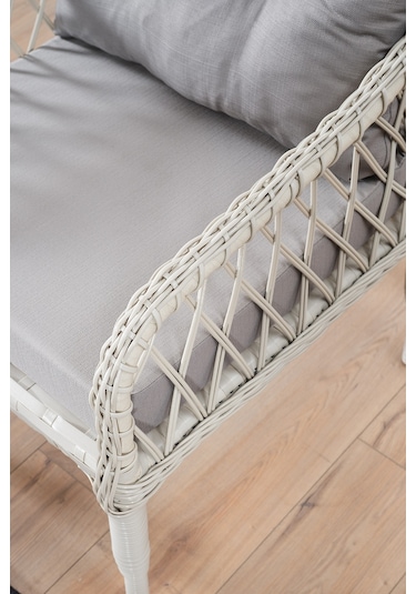 Joy Rattan Puflu Bahçe Balkon Takımı 3+1+1+ Camlı Masa Kemik Rengi Kemik