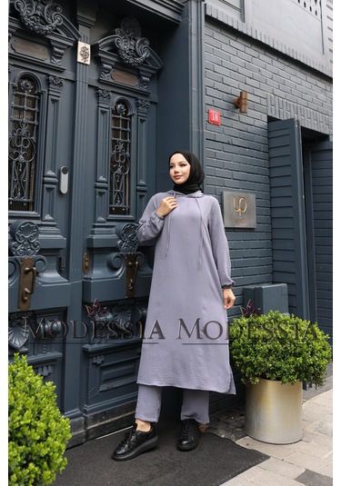 Kadın Gri Aerobin Uzun Kapşonlu İkili Takım T0222 Gri