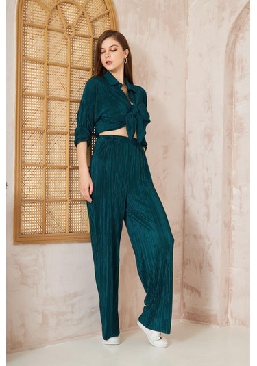 Kadın Pliseli Beli Lastikli Pantolon Tunik Gömlek Ikili Bürümcük Salaş Takım 3573300 Petrol