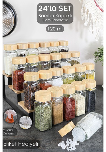 24'lü Bambu Kapaklı Cam Baharatlık Seti - Etiketli Tuzluk Biberlik Köşeli Baharat Takımı 120 Ml ŞEffaf