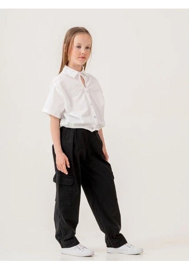 Kız Çocuk Bel Lastikli Taşlı Düğmeli Crop Gömlek-15501 Beyaz